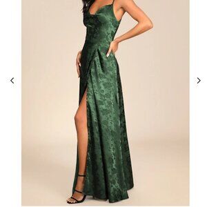 Lulus Dreamy Emerald Green Satin Floral Maxi Dress